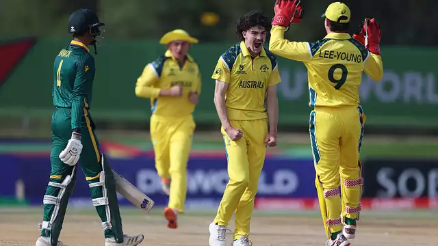 charles lachmund celebrates after taking three wickets for australia in the u19 world cup