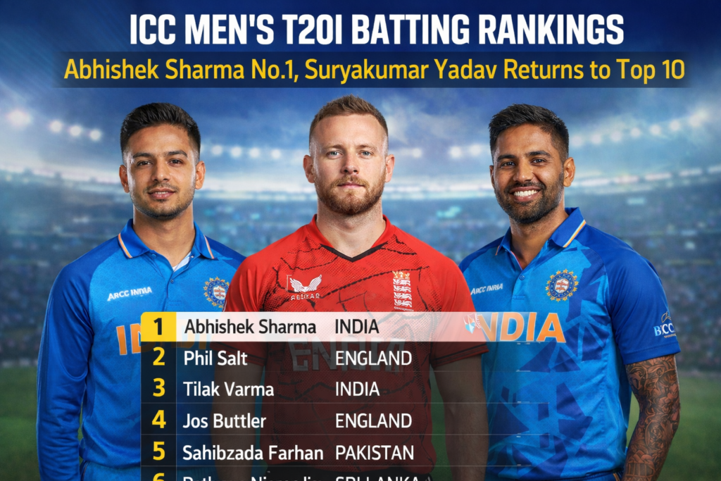 ICC Men's T20I batting rankings graphic showing Abhishek Sharma at number one with Suryakumar Yadav returning to the top 10