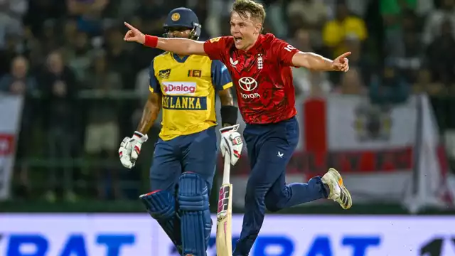 Sam Curran celebrates after taking a hat-trick for England against Sri Lanka in T20I