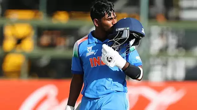 Aaron George celebrates his century during India’s record chase in the U19 World Cup semifinal