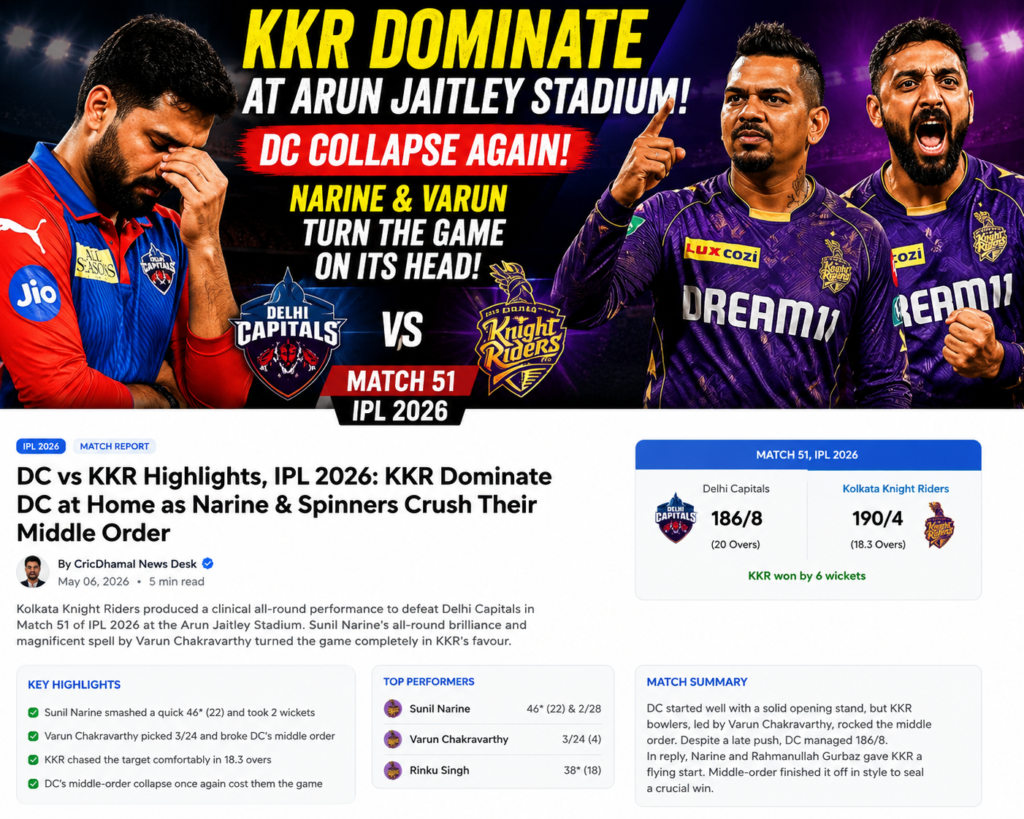 DC vs KKR IPL 2026 match thumbnail featuring Sunil Narine and KL Rahul