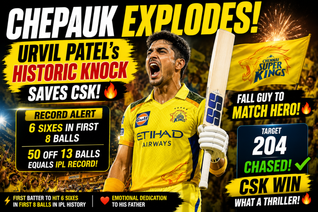 Urvil Patel celebrates after record IPL 2026 innings for CSK