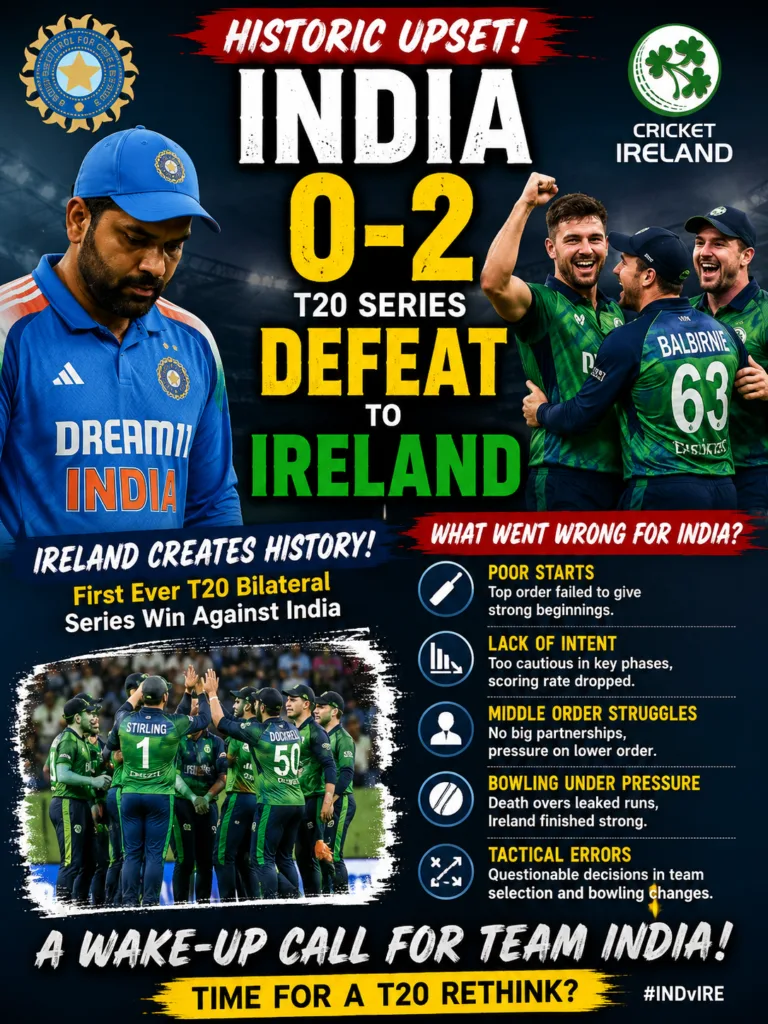 India players look disappointed after a T20 series defeat while Ireland players celebrate a historic series victory in a dramatic cricket-themed poster.