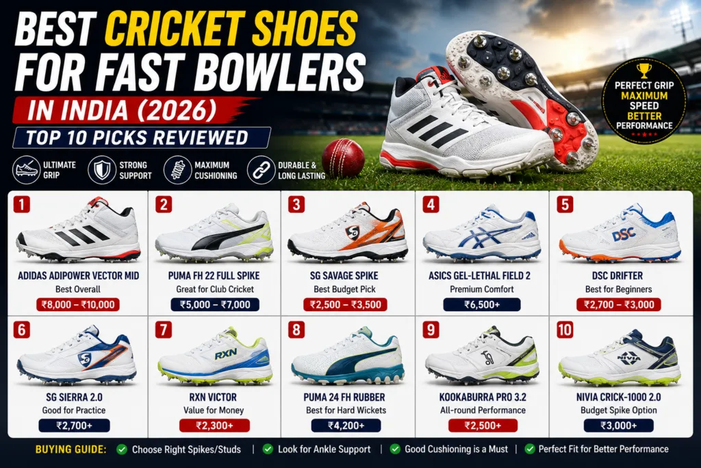 Best cricket shoes for fast bowlers in India featuring spike and rubber-stud shoes for turf and hard wickets.